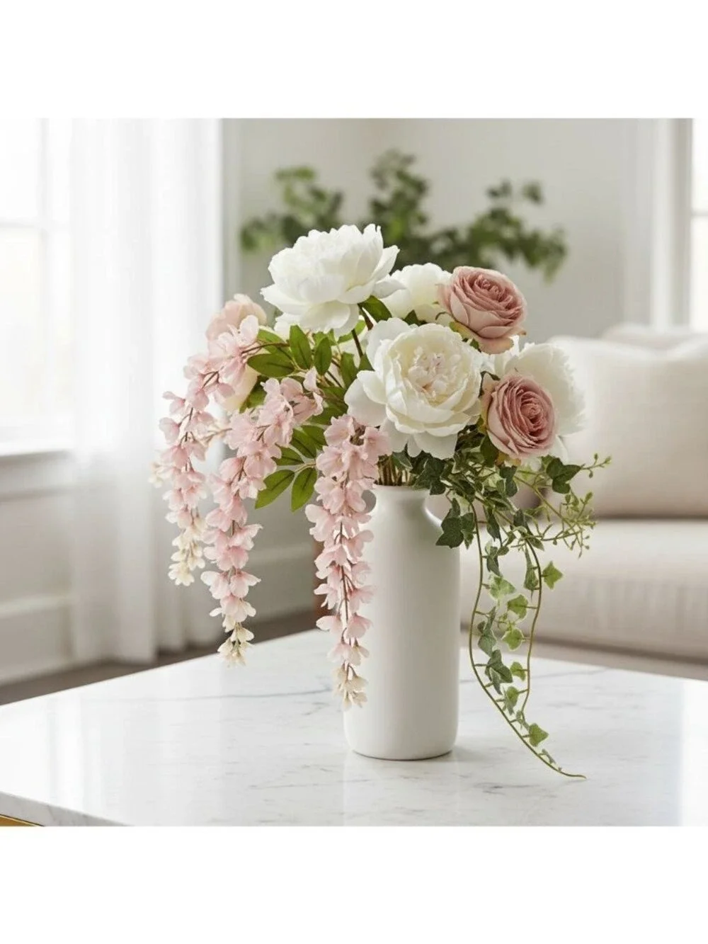 Blush Pink Wisteria Stem 43 Inch Artificial Hanging Flowers Silk Wisteria Spray